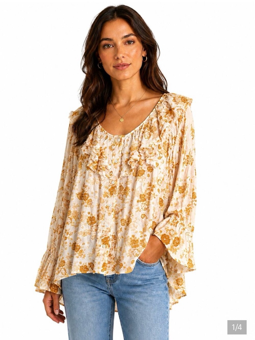 Free People Loretta Floral Ruffle Button-Front Women's Blouse in Cream & Orange